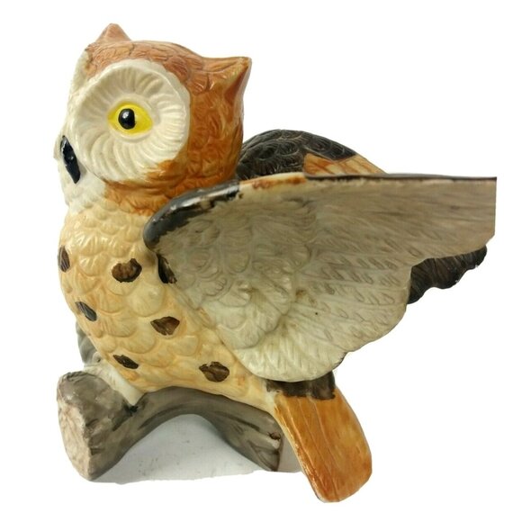Porcelain Spotted Owl Figurine on Branch Bisque Brown White Wings Out Vintage 5" - Picture 3 of 9